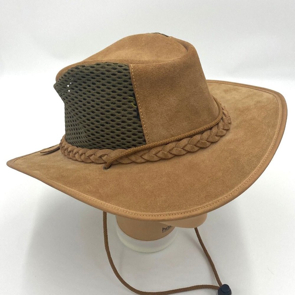 Genuine Brown Suede Leather Braided with Mesh and Chin Strap Safari Hat